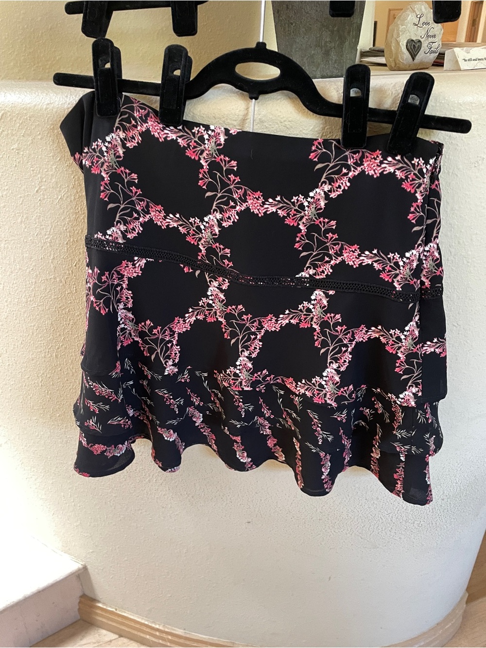 White House Black Market Black Mini Skirt with Pink & White Floral Print